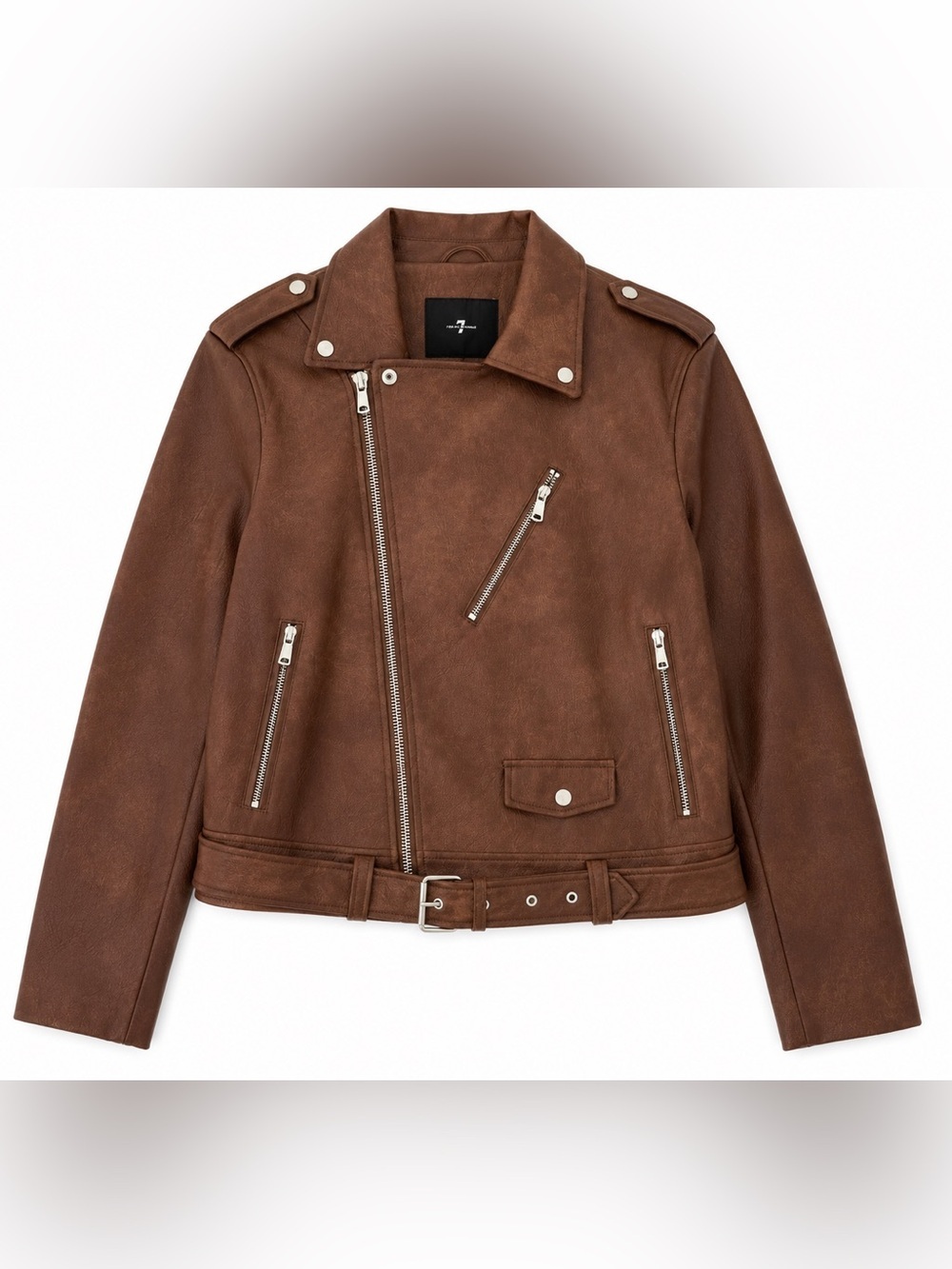 NWT 7 For All Mankind Brown Faux Leather Moto Jacket Belted Cropped Size XL